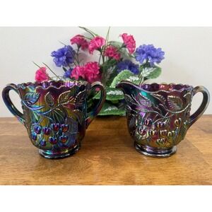 Fenton Carnival Glass Cream Sugar Set Iridescent Cherry Pattern Original Formula